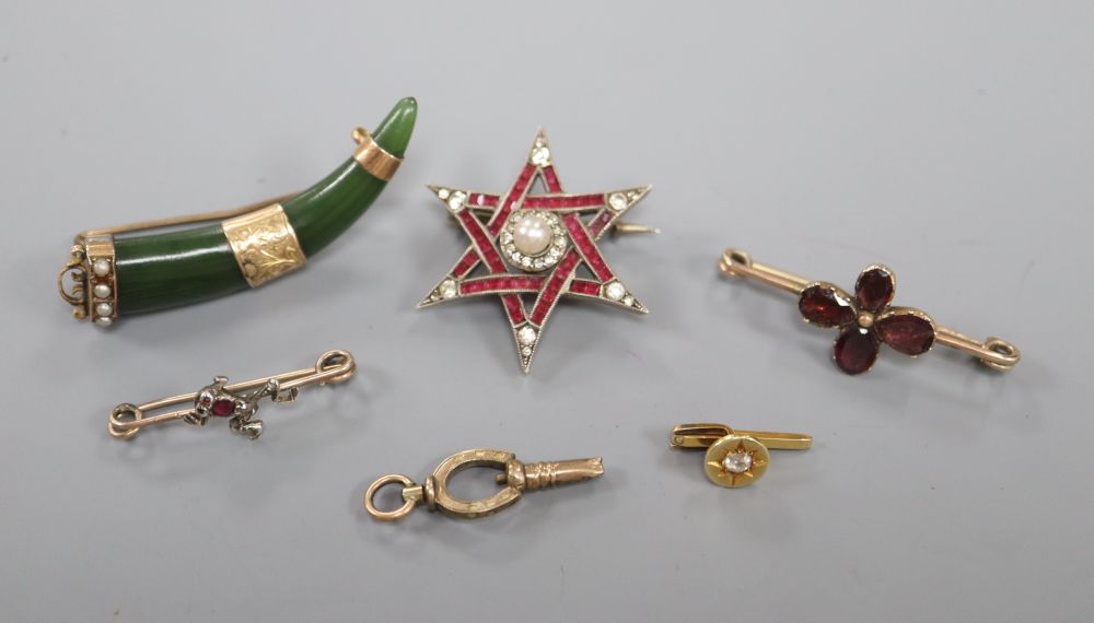 A Victorian yellow and white metal, ruby? and rose cut diamond set frog bar brooch, 29mm  4 other items.